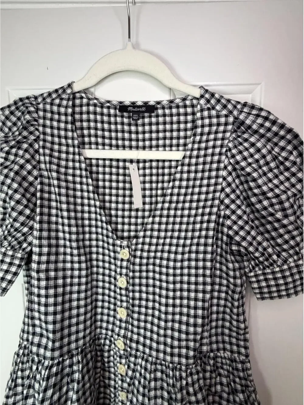 Madewell Black White Gingham Peplum Top Puff Sleeve Cottagecore XXS NWT
